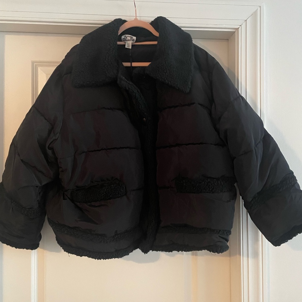 Black Puffer Jacket with Sherpa Collar and Detail